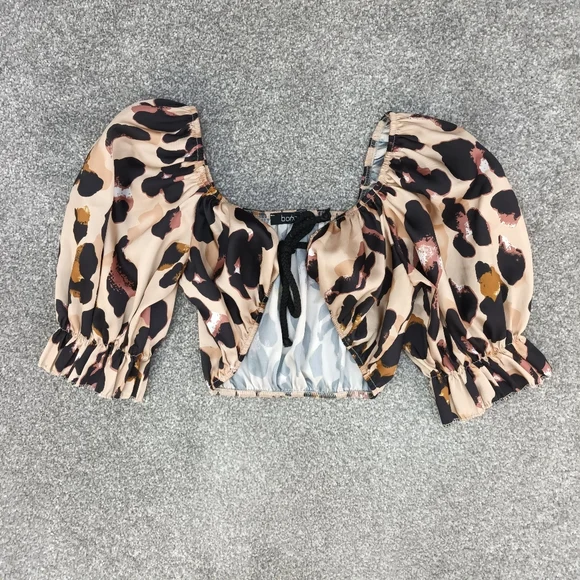 BOOHOO LEOPARD CROP TOP SATIN GOLD BLACK PUFF SHORT SLEEVE TIE FRONT Y2K UK 10 - Picture 2 of 6